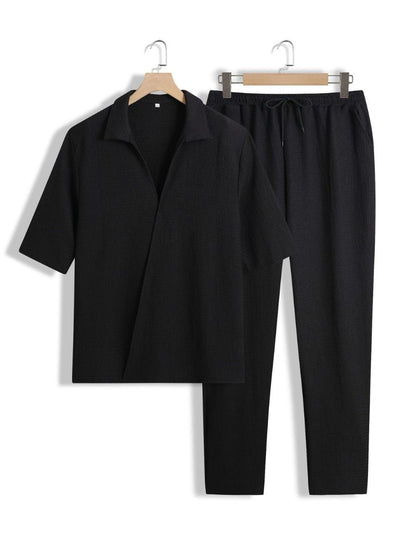 Alex - Ensemble d'Été Texturé à Deux Pièces pour Hommes avec T-shirt à Col V et Manches Mi Longues et Pantalon Large