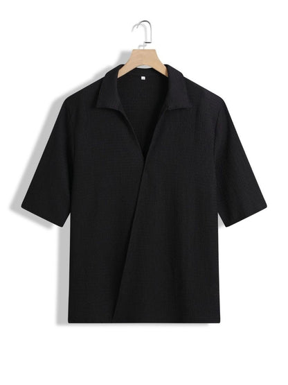 Alex - Ensemble d'Été Texturé à Deux Pièces pour Hommes avec T-shirt à Col V et Manches Mi Longues et Pantalon Large