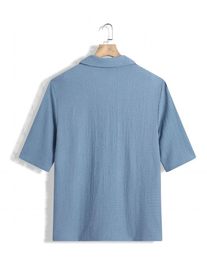 Alex - Ensemble d'Été Texturé à Deux Pièces pour Hommes avec T-shirt à Col V et Manches Mi Longues et Pantalon Large