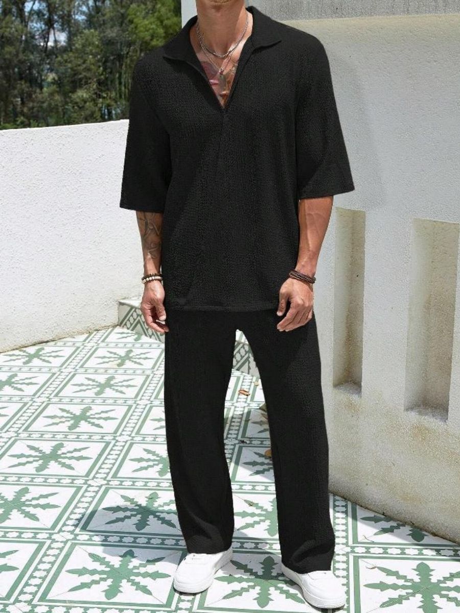 Alex - Ensemble d'Été Texturé à Deux Pièces pour Hommes avec T-shirt à Col V et Manches Mi Longues et Pantalon Large