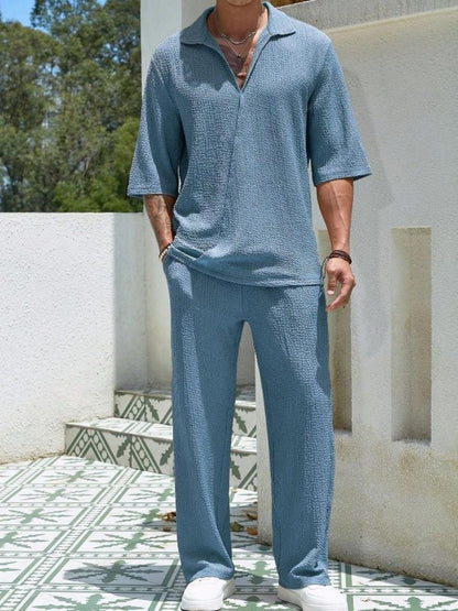 Alex - Ensemble d'Été Texturé à Deux Pièces pour Hommes avec T-shirt à Col V et Manches Mi Longues et Pantalon Large
