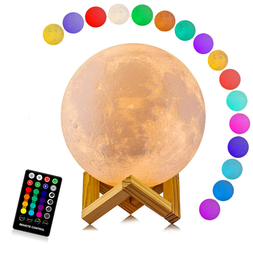 Lampe Lune 16 Couleurs avec Télécommande sur Support en Bois pour S'endormir Paisiblement et Sans Stress