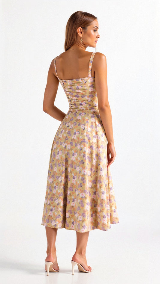 Noémie - Élégante Robe Balconette Féminine de Printemps avec Taille Fine, Fente et Imprimé Floral