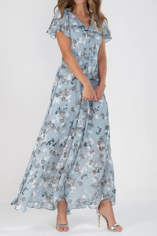 Lyra - Robe Maxi en Chiffon à Fleurs avec Volants Col V et Manches Courtes