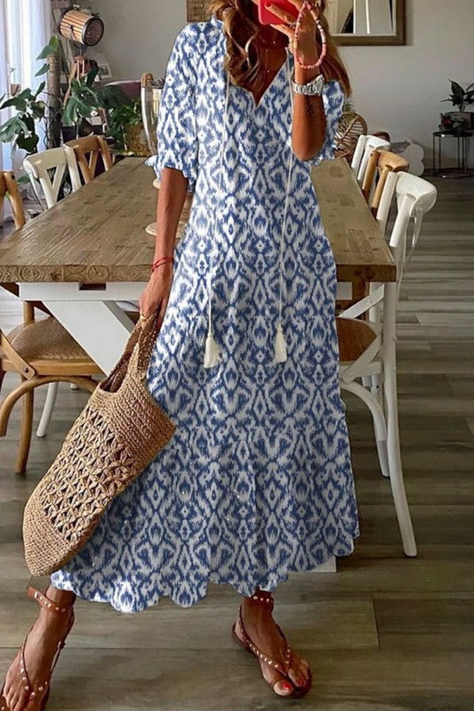 Nova - Robe Maxi à Imprimé Géométrique Col V et Manches Mi-longues Bleu