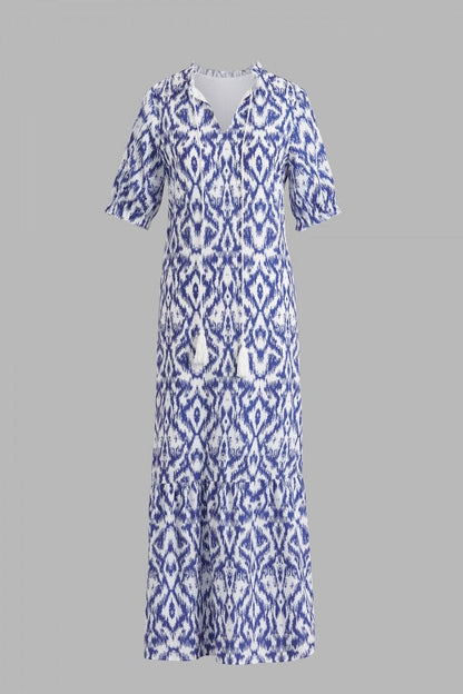 Nova - Robe Maxi à Imprimé Géométrique Col V et Manches Mi-longues Bleu