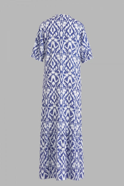 Nova - Robe Maxi à Imprimé Géométrique Col V et Manches Mi-longues Bleu