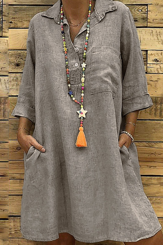 Isolde - Robe Courte en Lin Ample et Confortable avec Poches Col et Manches Mi-Longues