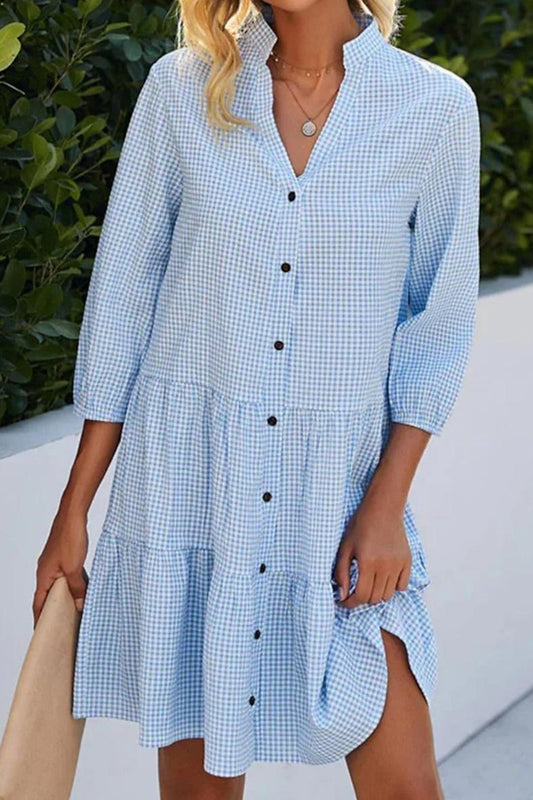 Azura - Robe Chemise à Carreaux Bleu Clair avec Fermeture Boutonnée et Manches Mi-Longues