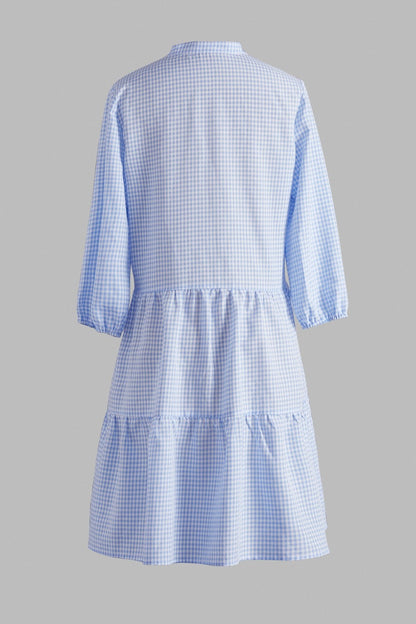 Azura - Robe Chemise à Carreaux Bleu Clair avec Fermeture Boutonnée et Manches Mi-Longues