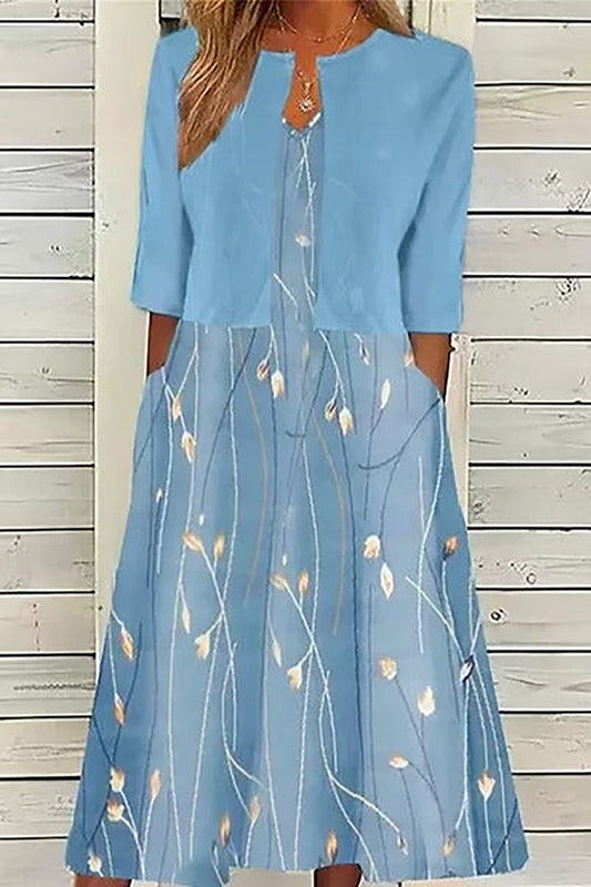 Zella - Ensemble Deux Pièces Bleu Clair  Robe Midi Fleurie Ample à Col en V et Petit Gilet à Manches Mi-longues