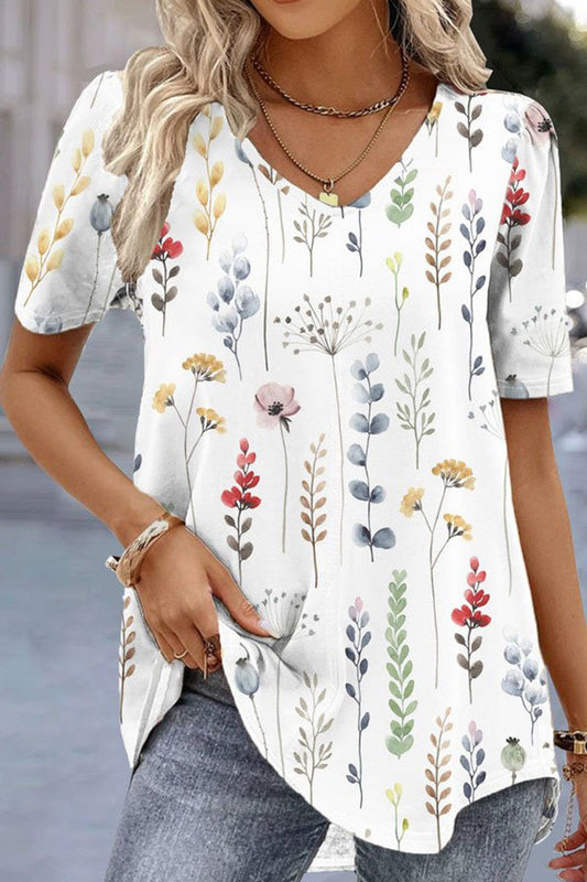 Livia - T-shirt Décontracté à Manches Courtes et Col en V avec Motif Floral