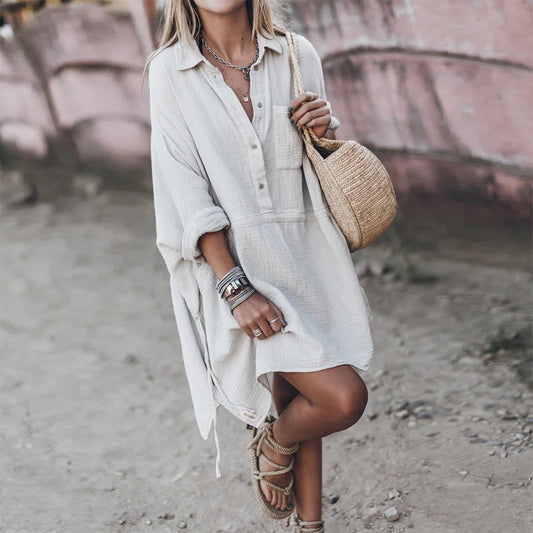Nina - Robe chemise en lin blanche bohème et chic, pour un look effortless