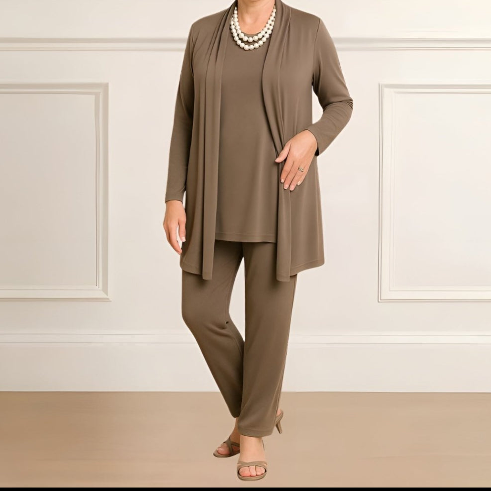 Orielle - Ensemble Trois Pièces Confortable pour Femme Composé d'un T-Shirt, d'un Gilet et d'un Pantalon de Couleur Unie