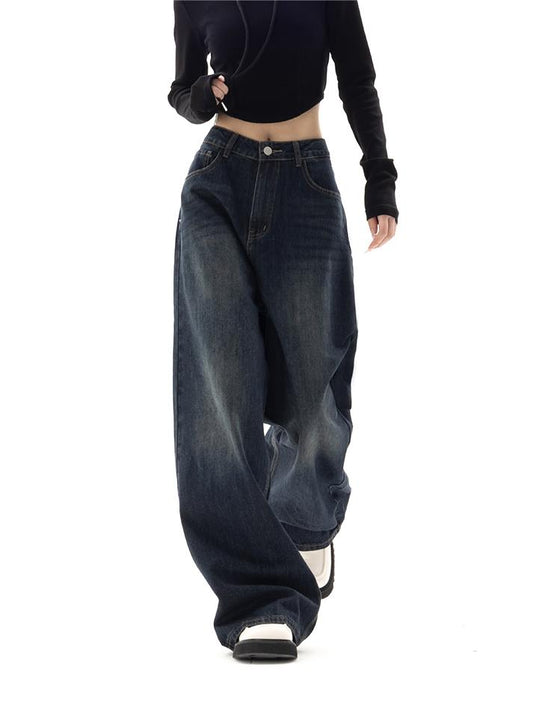 Aelune - Jean Boyfriend Baggy Vintage Années 90 Effet Délavé Taille Haute pour Femme