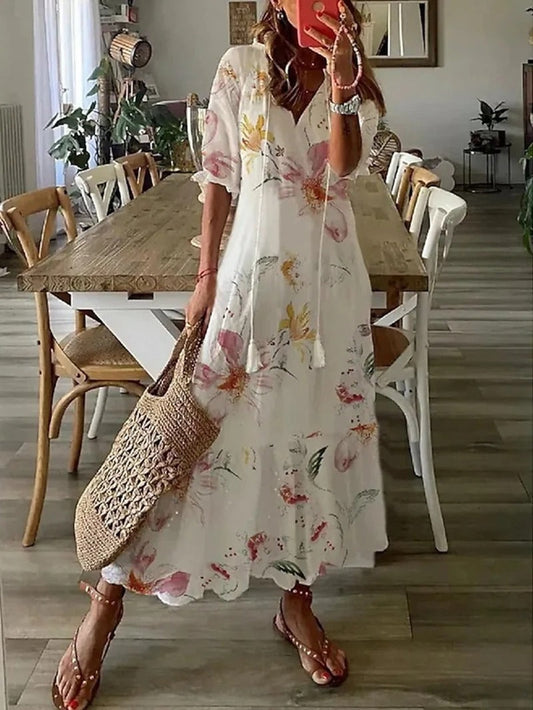 Zélie – Robe Maxi Bohème en Mousseline à Fleurs Décolleté en V et Manches Mi-Longues