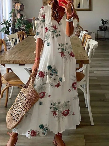 Zélie – Robe Maxi Bohème en Mousseline à Fleurs Décolleté en V et Manches Mi-Longues