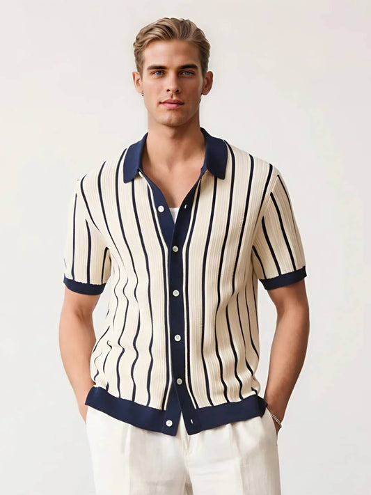 John - Polo Élégant Vintage Rétro avec Fermeture à Boutons et Lignes Verticales pour Hommes